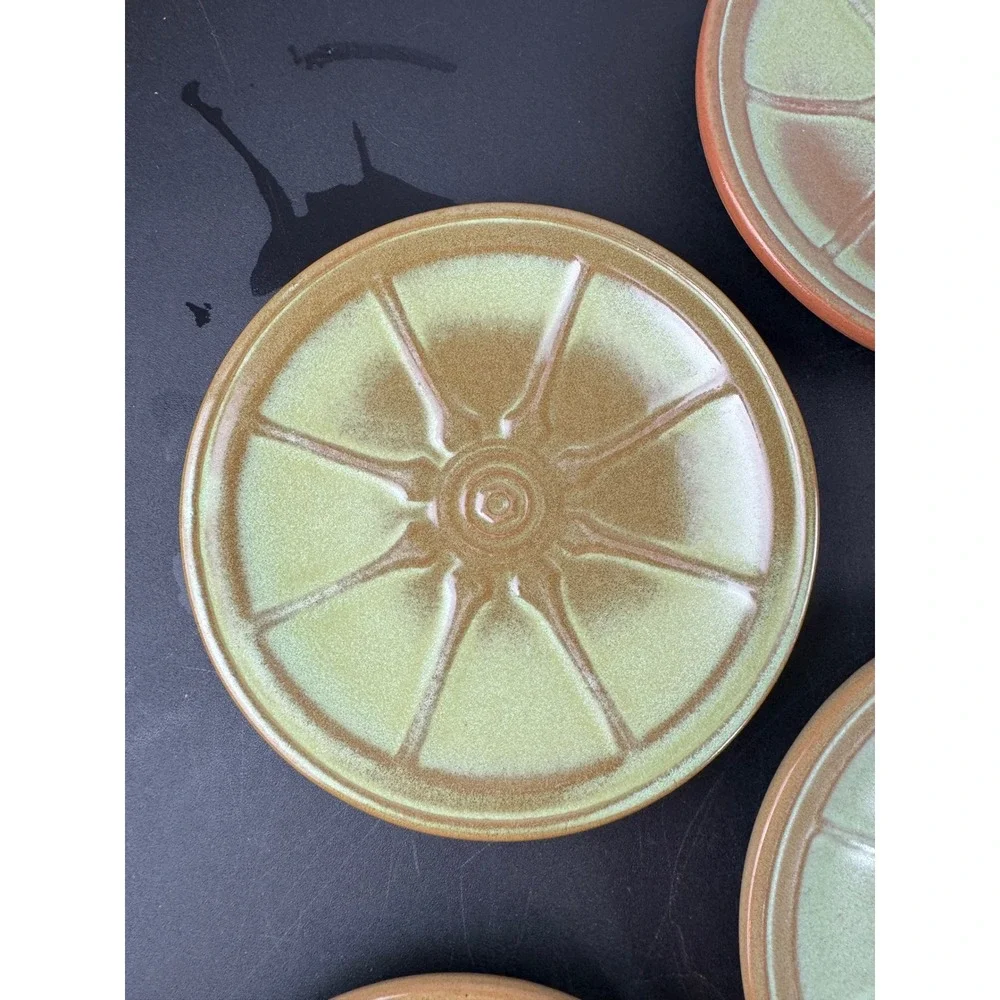 Vtg Frankoma Appetizer Plates Set‎ of 7 Brown Green Wagon Wheel Sunburst 6.5